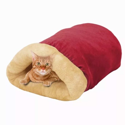 Burgundy - GOOPAWS 4 in 1 Self Warming Burrow Cat Bed, Pet Hideway Sleeping Cuddle Cave - 22\