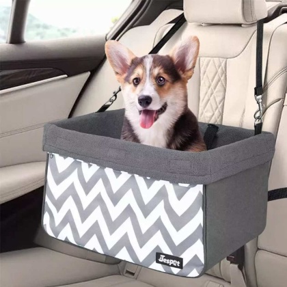 Gray Stripe - JESPET & GOOPAWS Dog Booster Seats for Cars, Portable Dog Car Seat Travel Carrier with Seat Belt for 24lbs Pets - 16\