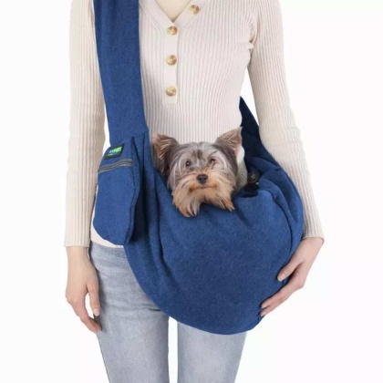 Navy Blue - JESPET Comfy Pet Sling for Small Dog Cat, Hand Free Sling Bag Breathable Soft Knit with Front Pocket, Travel Puppy Carrying Bag, Pet Pouch. Machine Washable - 28\