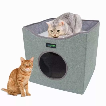 Sage Green - JESPET Foldable Cat Condo, Cat Cube House & Sleepping Bed with Lying Surface and 2 Reversible Cushions, Cat Hiding Place, Cat Cave, Linenette Fabric, Felt and Engineered Wood, Scratch Resista - 15.4\
