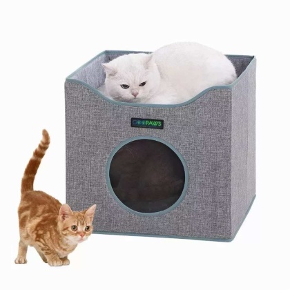 Smoke Gray - JESPET Foldable Cat Condo, Cat Cube House & Sleepping Bed with Lying Surface and 2 Reversible Cushions, Cat Hiding Place, Cat Cave, Linenette Fabric, Felt and Engineered Wood, Scratch Resista - 15.4\