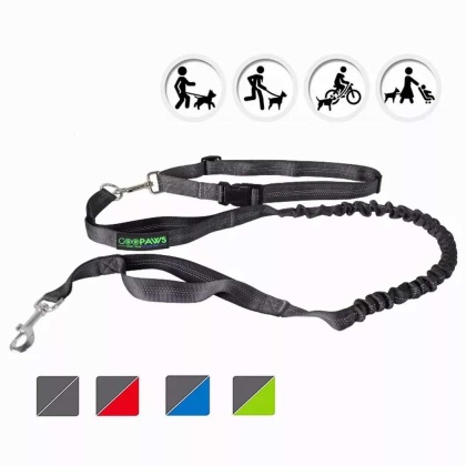 Black - JESPET Hands Free Dog Leash for Running, Walking, Hiking Jogging for Medium & Large Dogs up to 150lbs, Durable Dual Handle Waist Leash with Reflective Bungee and Adjustable Waist - 1\'\' x 48\'\'