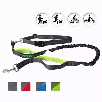 Grey - JESPET Hands Free Dog Leash for Running, Walking, Hiking Jogging for Medium & Large Dogs up to 150lbs, Durable Dual Handle Waist Leash with Reflective Bungee and Adjustable Waist - 1\'\' x 48\'\'