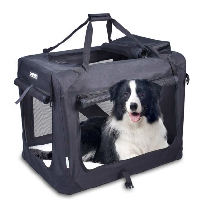Black - JESPET Soft Pet Crates Kennel, 3 Door Soft Sided Folding Travel Pet Carrier with Straps and Fleece Mat for Dogs, Cats, Rabbits, Indoor/Outdoor Use with Grey, Blue & Beige, Black - 36\