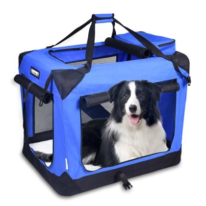 Blue - JESPET Soft Pet Crates Kennel, 3 Door Soft Sided Folding Travel Pet Carrier with Straps and Fleece Mat for Dogs, Cats, Rabbits, Indoor/Outdoor Use with Grey, Blue & Beige, Black - 30\