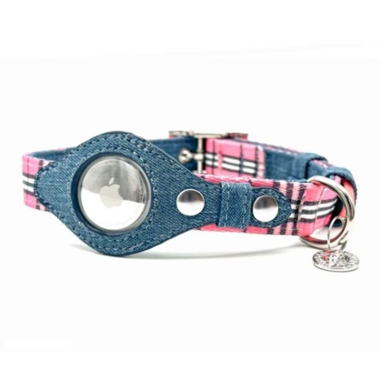 Pink Plaid & Denim - Apple Airtag Collar - Small